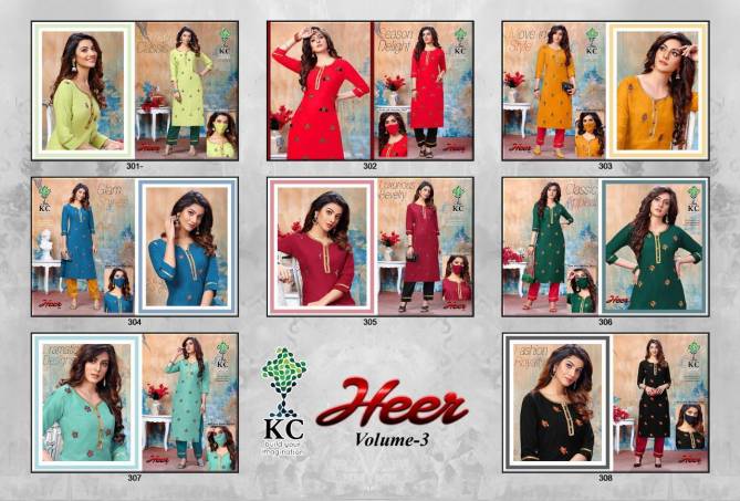 Kc Heer 3 Latest Designer Embroidered Casual Wear Rayon Kurti With Bottom Collection